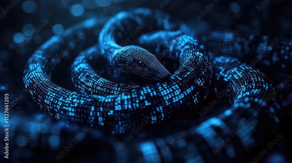 Obraz premium A close-up of a digitally rendered snake, its skin composed of glowing binary code in vibrant blue and purple neon lights