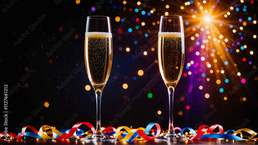Happy New Year background , Burning sparkler with bokeh, light background , champagne, glasses