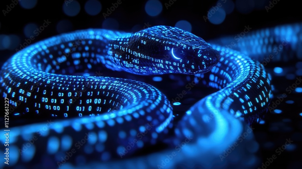 A close-up of a digitally rendered snake, its skin composed of glowing binary code in vibrant blue and purple neon lights A close-up of a digitally rendered snake, its skin composed of glowing binary code in vibrant blue and purple neon lights