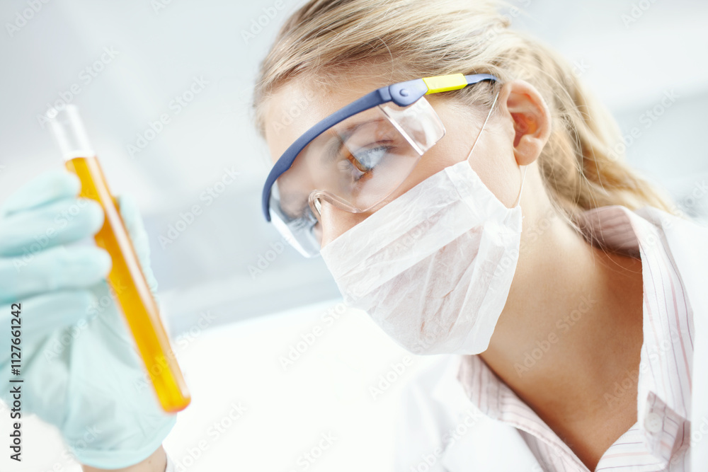 Woman, liquid vial and scientist for analysis in clinic, lab technician and urine test for drugs. Female person, biology research and monitor fluid for disease or infection, check protein and exam Woman, liquid vial and scientist for analysis in clinic, lab technician and urine test for drugs. Female person, biology research and monitor fluid for disease or infection, check protein and exam