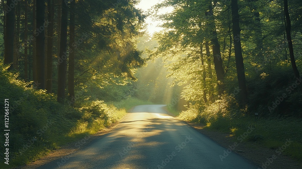 Obraz premium Sunlit Forest Road Winding Through Lush Green Trees