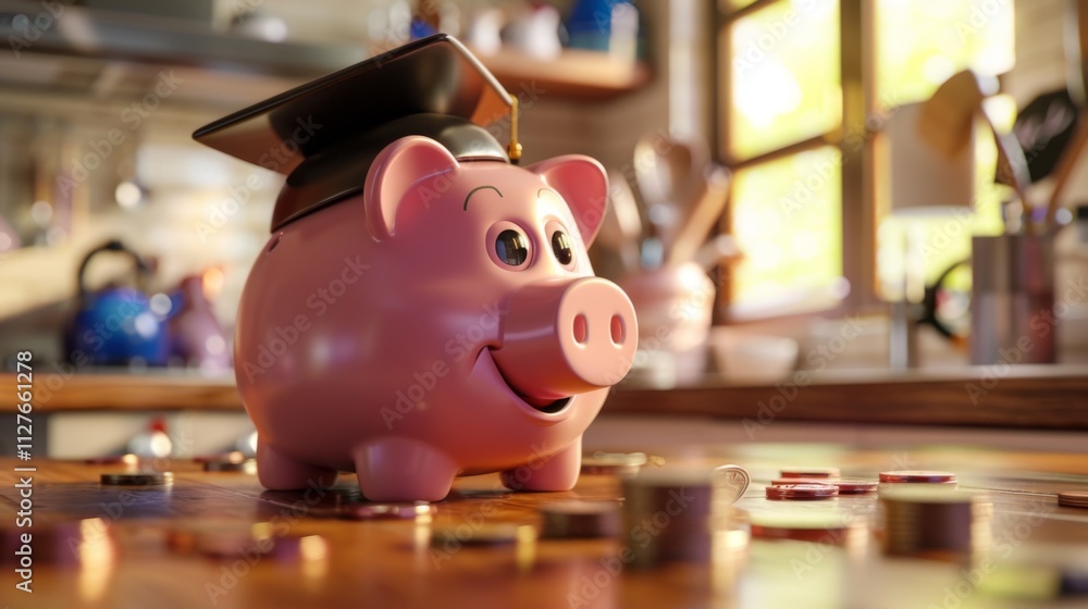 Obraz premium Piggy bank with graduation cap symbolizes saving for education and student loans.