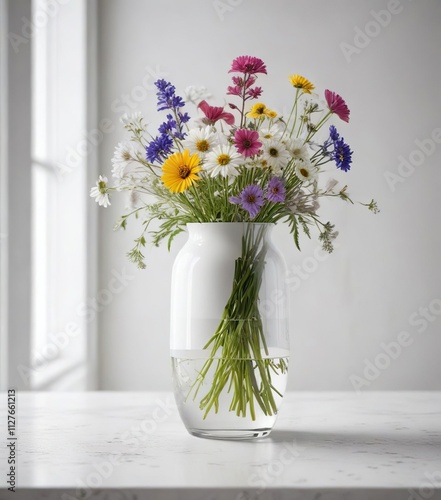Wallpaper Mural Stylish white glass vase filled with a variety of wildflowers on a clean white table, floral arrangement, white, Wildflowers, stylish, glass vase Torontodigital.ca