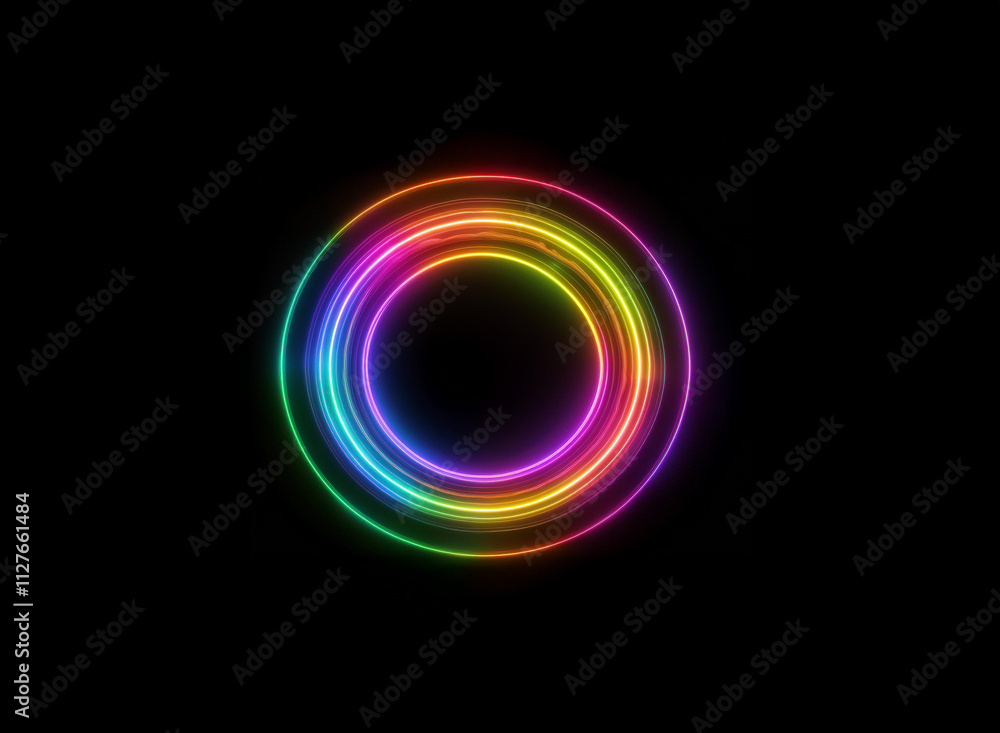 Vibrant rainbow neon circles glow against a stark black background. The concentric rings create a hypnotic, colorful effect. Vibrant rainbow neon circles glow against a stark black background. The concentric rings create a hypnotic, colorful effect.