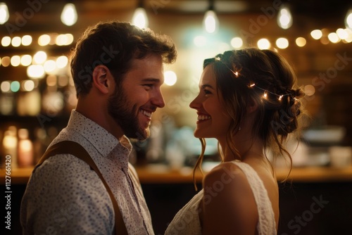 Millennial couple planning wedding on a budget captured during warm cafe lighting, with copy space photo