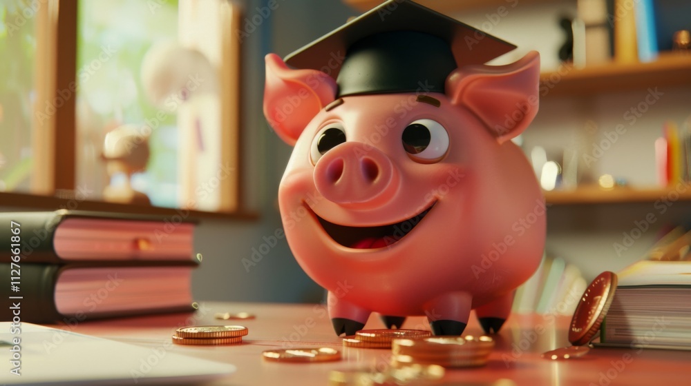 Obraz premium Piggy bank with graduation cap symbolizes saving for education and student loans.