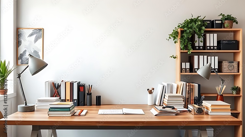 Wooden office desk in a stylish business space with white walls. Bright office space interior with vintage-style plants. Wooden office desk in a stylish business space with white walls. Bright office space interior with vintage-style plants.