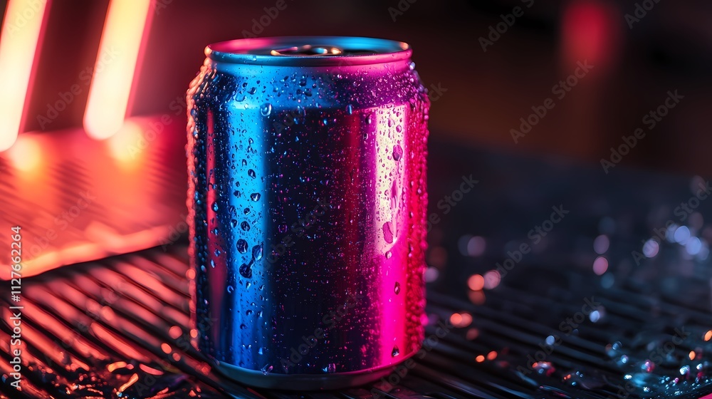 Cold aluminum can with condensation, neon lights. Cold aluminum can with condensation, neon lights.
