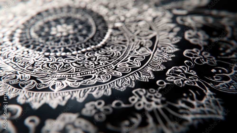 Obraz premium Intricate white mandala design on black background.