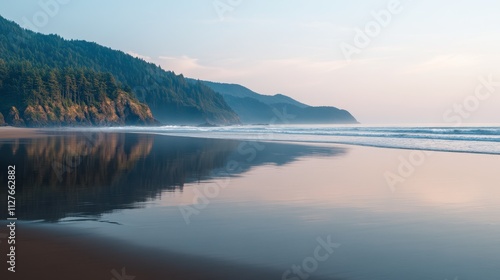 Wallpaper Mural A serene beach scene featuring calm waters reflecting the lush coastline and mountains at dawn, perfect for tourism, relaxation, or nature themes in marketing materials, Torontodigital.ca