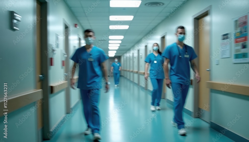 Obraz premium Medical staff members walk in hospital corridor. Busy healthcare workers move quickly. Inside hospital. Hospital environment. Medical personnel. People wearing scrubs, masks. Healthcare. Doctors.