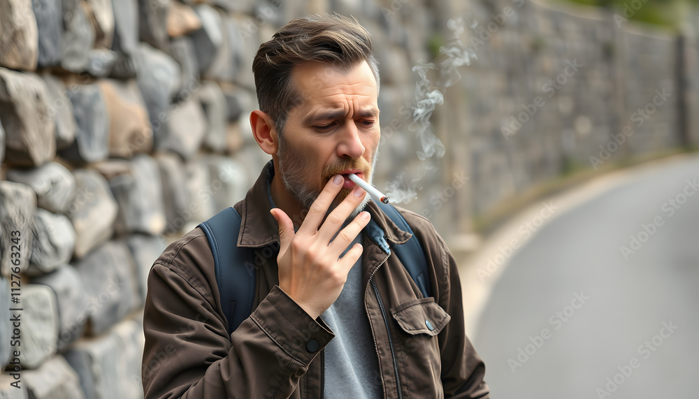 Adult man smoking cigarette and coughing, standing along the road, stone wall on background. Male with bad habit isolated with white highlights, png Adult man smoking cigarette and coughing, standing along the road, stone wall on background. Male with bad habit isolated with white highlights, png