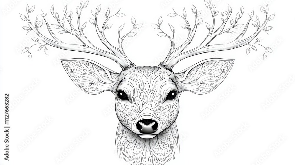 Obraz premium Stylized deer head sketch in a doodle aesthetic, intricate line patterns and shading, crafted as a vector for hunting and outdoor themes