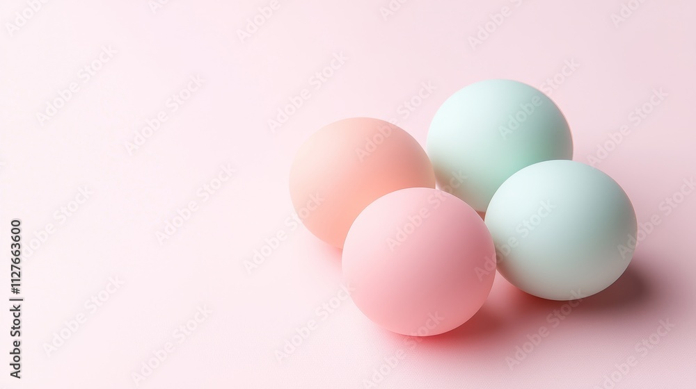Three perfectly round rubber balls in cheerful pastel shades, floating against a soft white backdrop, capturing simplicity and charm Three perfectly round rubber balls in cheerful pastel shades, floating against a soft white backdrop, capturing simplicity and charm