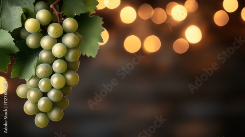 A close-up of a cluster of green grapes surrounded by blurred warm lights, ideal for food-related projects, wine promotions, or healthy lifestyle themes, This image captures freshness and nature, photo