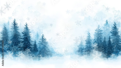 A serene winter landscape featuring misty blue trees and delicate snowflakes, ideal for winter-themed designs, backgrounds, or seasonal marketing materials, The soft colors evoke calm and tranquility photo