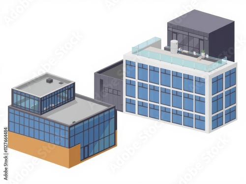 Modern isometric office building with multiple floors, glass windows, and rooftop terrace, architecture, modern, workplace