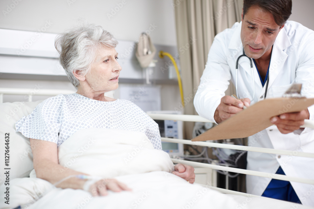Fototapeta premium Doctor, clipboard and elderly patient in hospital bed for healthcare results, surgery update and bad news. Senior woman, nurse and health support for diagnosis, illness progress and explaining notes