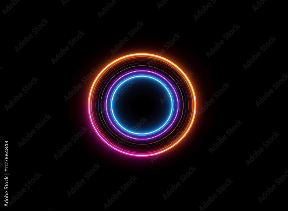 Vibrant neon circles glow in the dark, creating a concentric, luminous design. The bright colors pop against the black background. Vibrant neon circles glow in the dark, creating a concentric, luminous design. The bright colors pop against the black background.