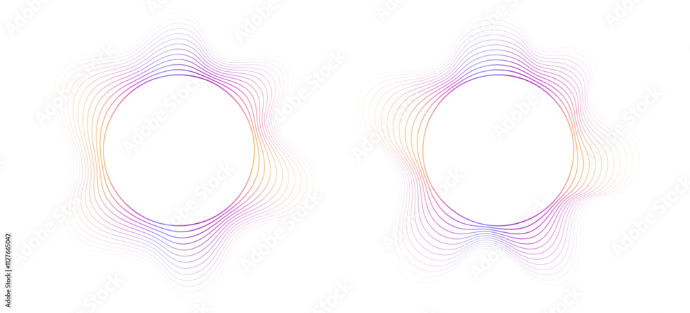Round sound wave frames, circular lines pattern, radial curvy shapes, geometric concentric design. Vector illustration.