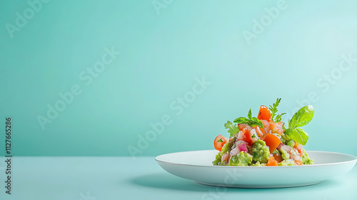 Wallpaper Mural Fresh guacamole and pico de gallo salad on white plate against turquoise background, showcasing vibrant colors and textures Torontodigital.ca