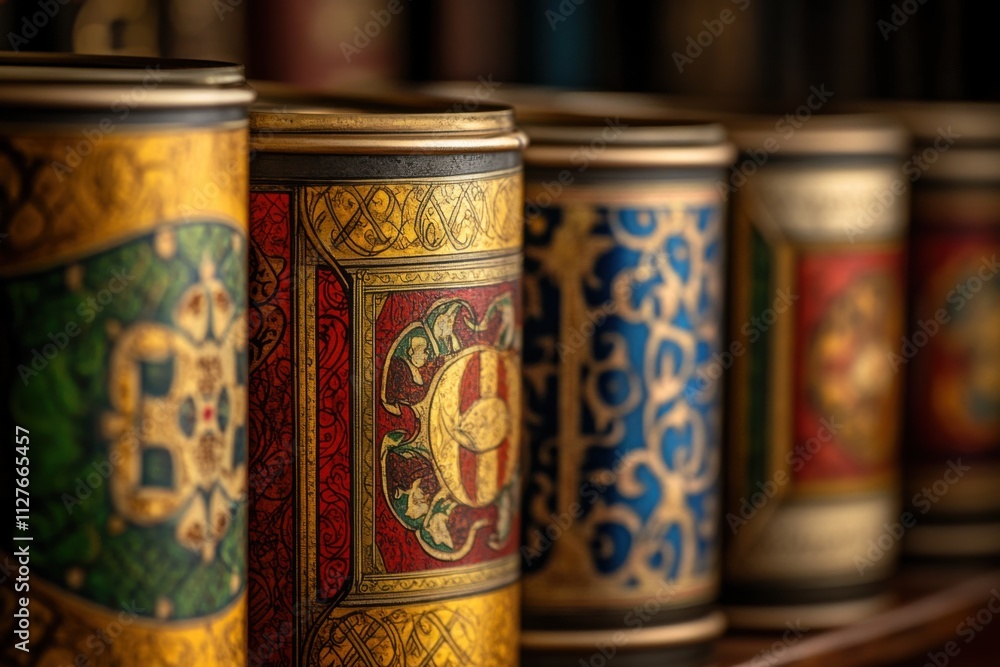 Pop art soup cans in medieval manuscript style, illuminated manuscript lighting, fine detail, with copy space Pop art soup cans in medieval manuscript style, illuminated manuscript lighting, fine detail, with copy space