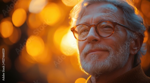 Close-up portrait of a smiling senior man with glasses, outdoors in warm golden light.