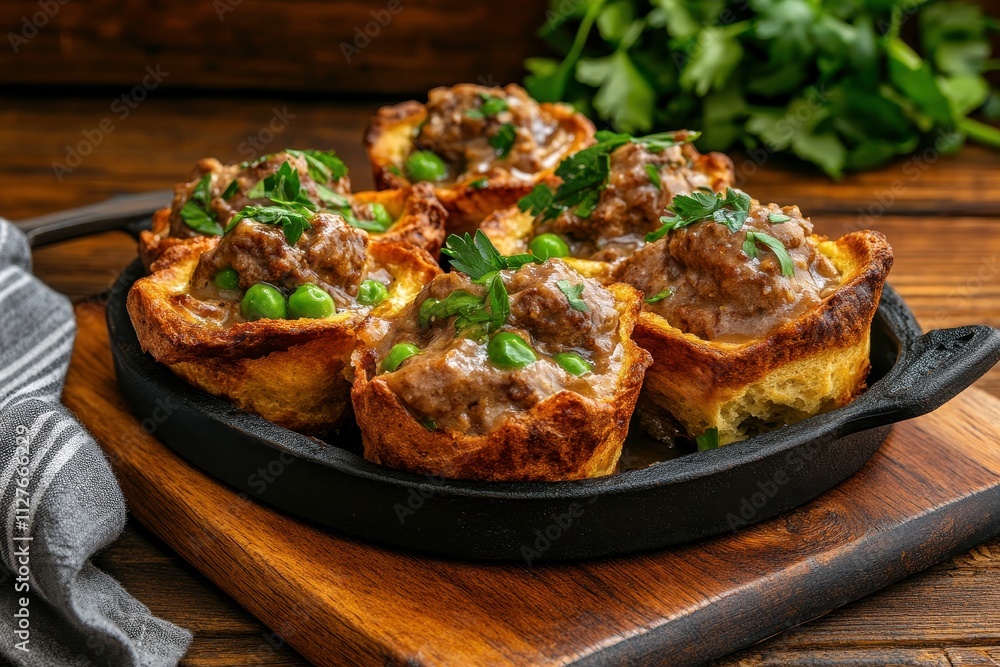 Deliciously Baked Meatloaf Cups with Green Peas and Fresh Herbs Served on a Rustic Wooden Board for a Cozy Meal Experience Deliciously Baked Meatloaf Cups with Green Peas and Fresh Herbs Served on a Rustic Wooden Board for a Cozy Meal Experience