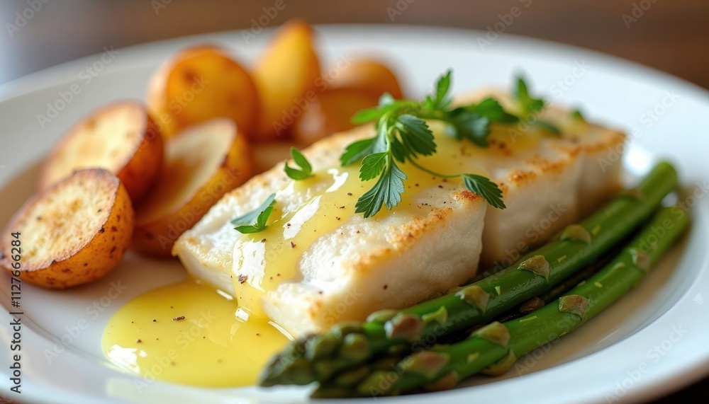 Delicate cod fillet with lemon butter sauce served with roasted potatoes, steamed asparagus. Delicious meal. Restaurant quality. Fine dining. Perfect for special occasion. Healthy dish. Food Delicate cod fillet with lemon butter sauce served with roasted potatoes, steamed asparagus. Delicious meal. Restaurant quality. Fine dining. Perfect for special occasion. Healthy dish. Food