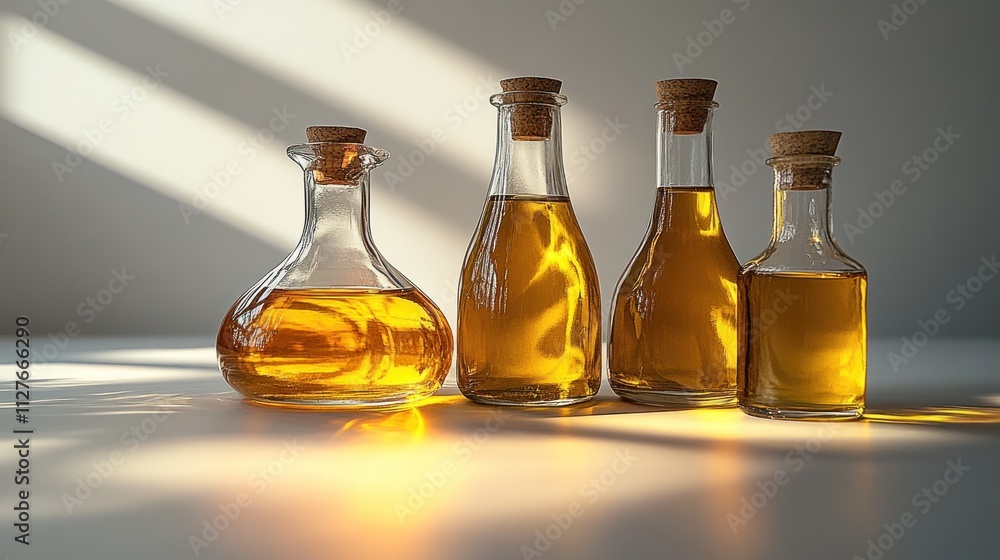 Four glass bottles of golden oil in sunlight.