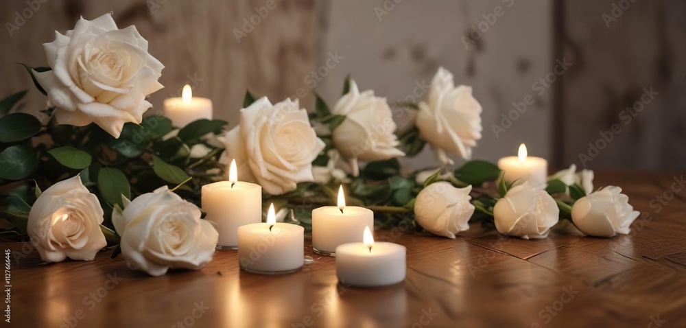 Tranquil scene with white roses and flickering tealight candles on wooden surface, aromatic, meditation, relaxation, decorative accents Tranquil scene with white roses and flickering tealight candles on wooden surface, aromatic, meditation, relaxation, decorative accents