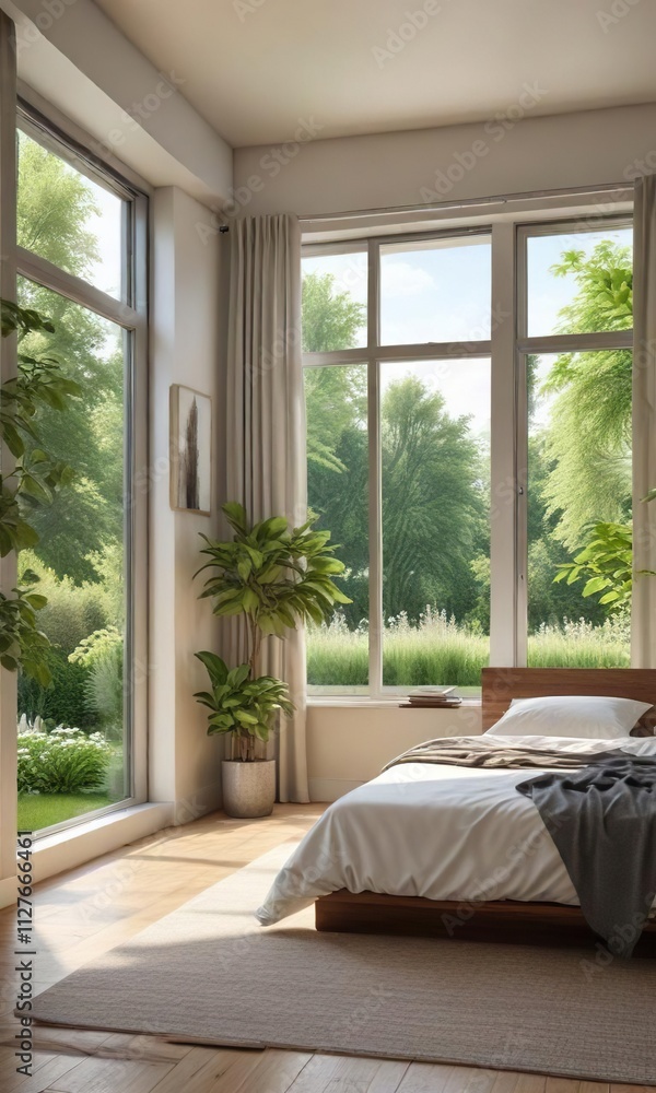 Fototapeta premium Tranquil bedroom with neutral colors and large windows overlooking a green garden, large windows, tranquil, neutral colors, interior design, bedroom