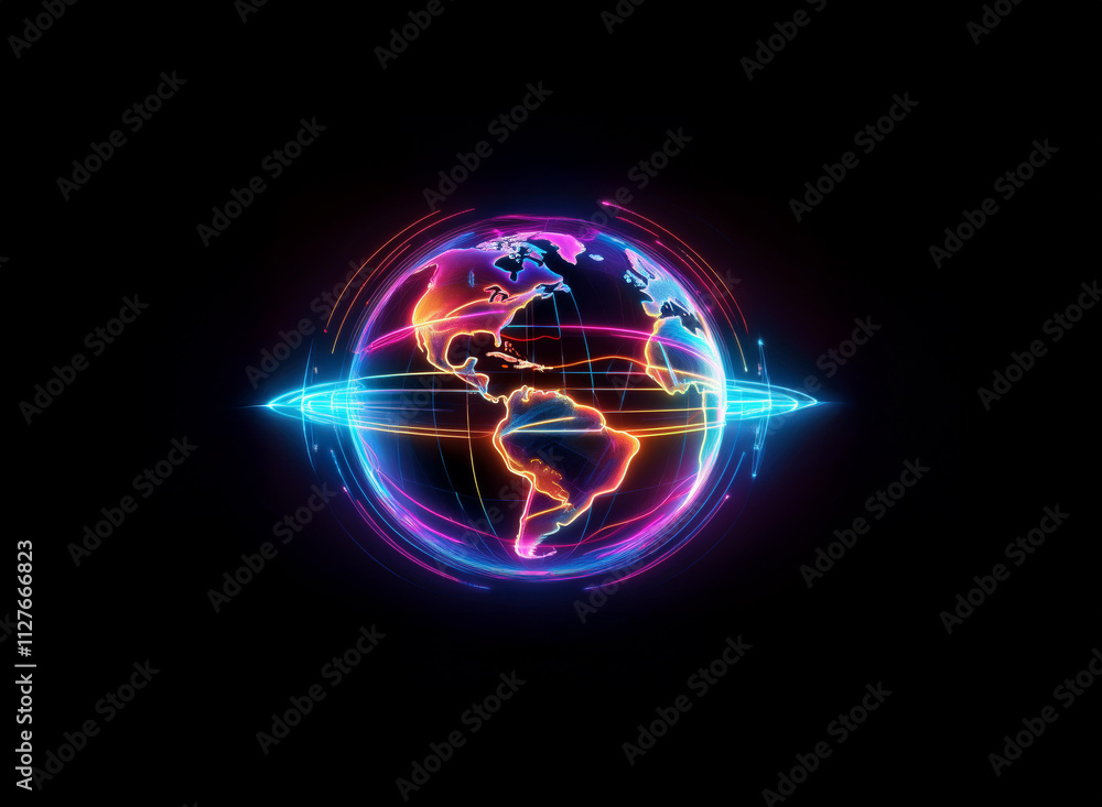 A vibrant, glowing digital Earth encircled by neon rings, radiating energy and connection across continents. The dark background emphasizes its luminescence. A vibrant, glowing digital Earth encircled by neon rings, radiating energy and connection across continents. The dark background emphasizes its luminescence.
