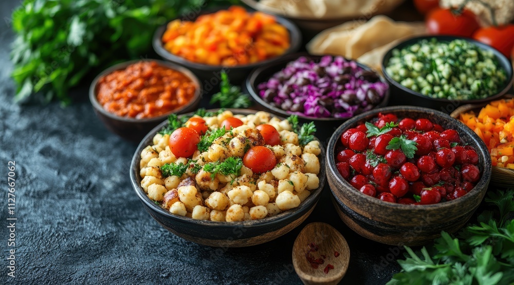 Diverse bowls of colorful salads and appetizers, including roasted chickpeas, cherry tomatoes, red cabbage, and various other vegetables. Diverse bowls of colorful salads and appetizers, including roasted chickpeas, cherry tomatoes, red cabbage, and various other vegetables.