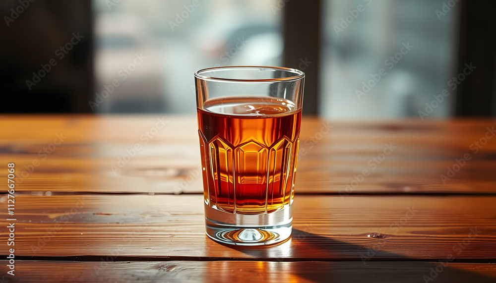 Glass of whiskey on wooden table isolated with white highlights, png Glass of whiskey on wooden table isolated with white highlights, png