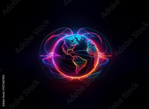 Wallpaper Mural A vibrant, glowing Earth encircled by colorful, dynamic energy waves against a black backdrop.  The image evokes themes of global connection and technological advancement. Torontodigital.ca