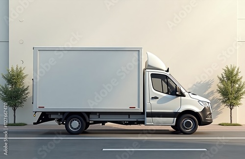 White cargo van parked on city street. Minimalist design. Modern vehicle. Empty space on van sides for branding. Street scene. Empty road. Daylight. Simple urban background. Transport concept. photo