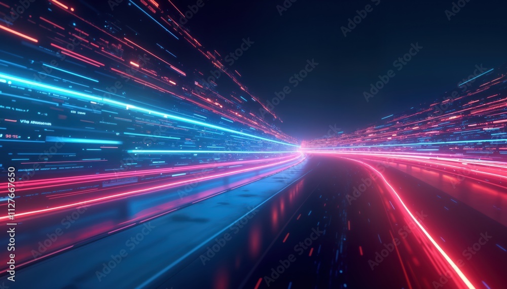 Abstract futuristic tech image shows fast movement. Dynamic light trails create pattern. High speed motion on dark blue background. Modern digital design. Neon colors make image vivid. Image suitable Abstract futuristic tech image shows fast movement. Dynamic light trails create pattern. High speed motion on dark blue background. Modern digital design. Neon colors make image vivid. Image suitable