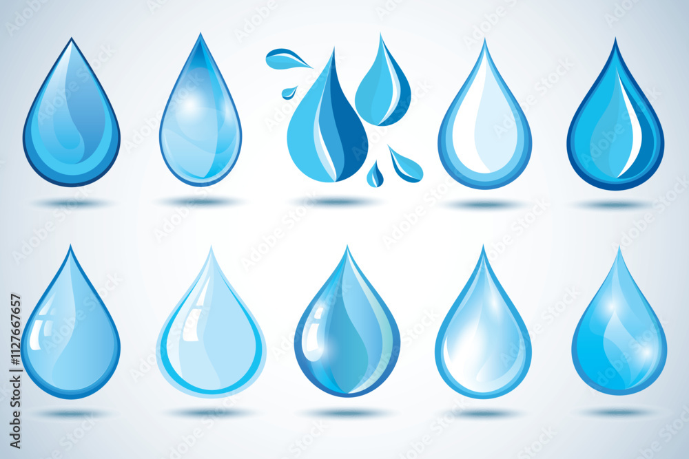 Set of different shining abstract 3d water drops isolated on blue - white background. Graphic design elements, icons or logo, collection of nature objects. Vector illustration Set of different shining abstract 3d water drops isolated on blue - white background. Graphic design elements, icons or logo, collection of nature objects. Vector illustration