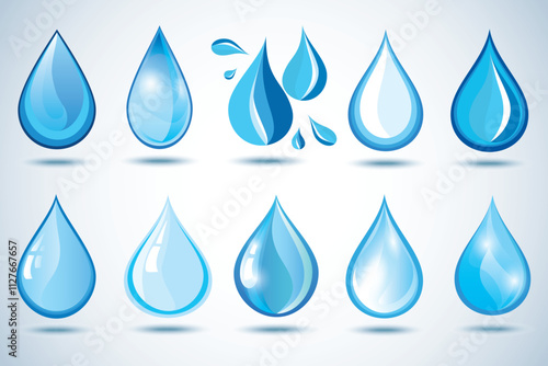 Set of different shining abstract 3d water drops isolated on blue - white background. Graphic design elements, icons or logo, collection of nature objects. Vector illustration