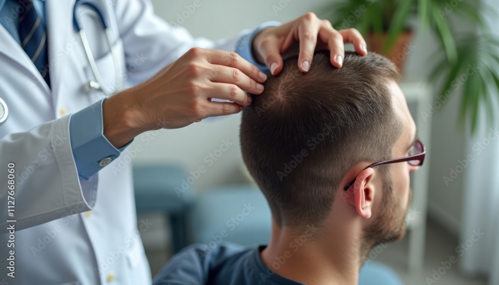 Fototapeta premium Doctor examines patient scalp for hair loss treatment. Pro medical examination in clinic. Male patient in medical clinic during examination. Physician checks scalp for potential hair loss issues.