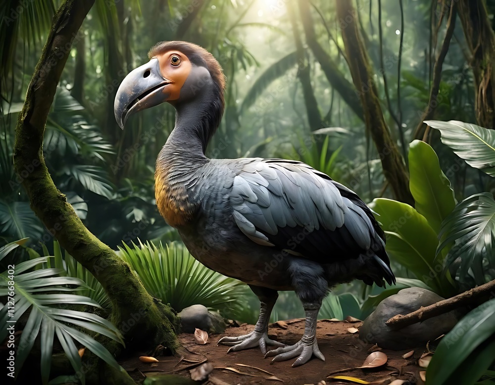 Fototapeta premium Dodo Bird Standing in Lush Tropical Jungle