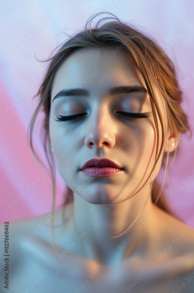 Serene Young Woman with Closed Eyes and Soft Lighting in a Dreamy Pink Background Serene Young Woman with Closed Eyes and Soft Lighting in a Dreamy Pink Background