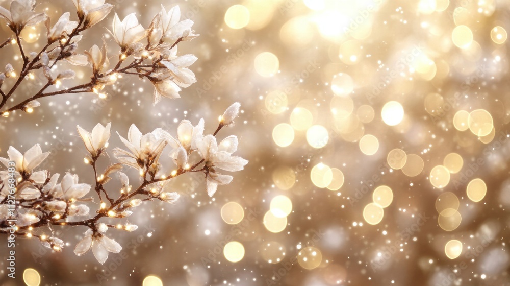 Fototapeta premium Winter Magnolia Blossoms with Golden Lights and Snow