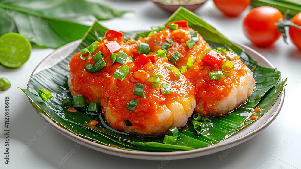 Steamed curry in banana leaves features vibrant flavors and fresh ingredients. This dish is delightful Thai culinary experience Steamed curry in banana leaves features vibrant flavors and fresh ingredients. This dish is delightful Thai culinary experience