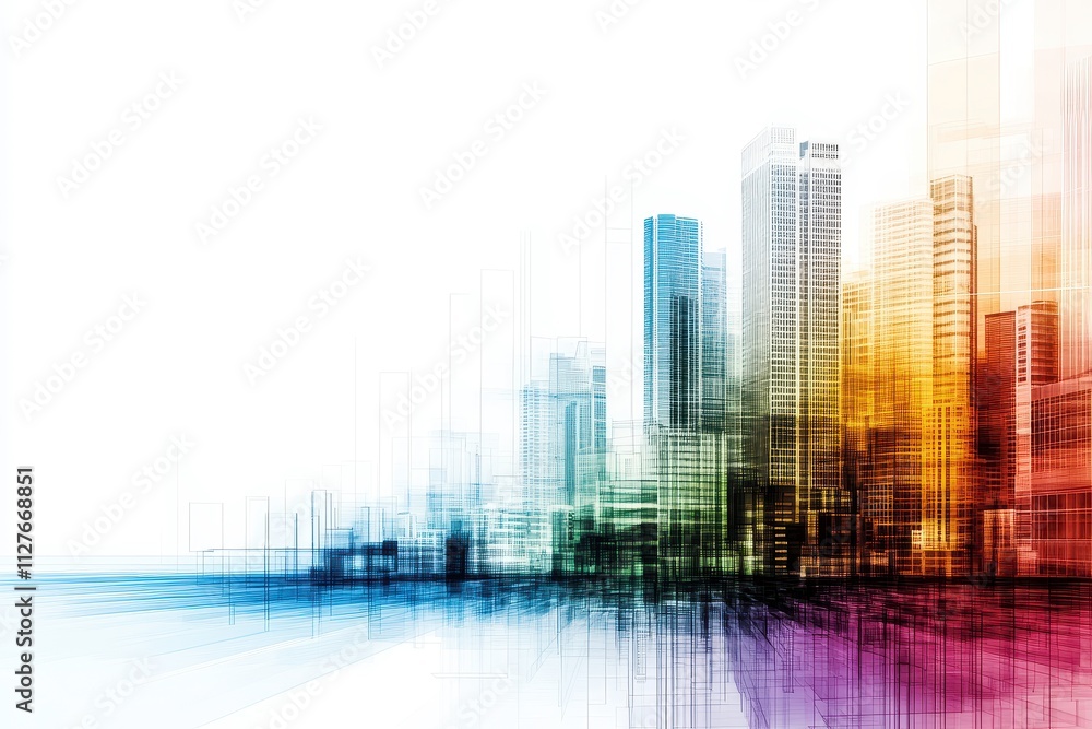 Abstract representation of a vibrant city skyline with colorful reflections and blurred lines, showcasing urban design and modern architecture in a digital art style Abstract representation of a vibrant city skyline with colorful reflections and blurred lines, showcasing urban design and modern architecture in a digital art style