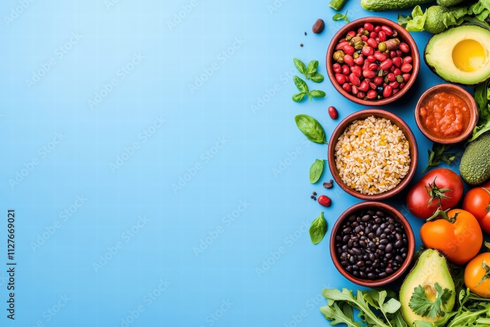 Healthy Vegetarian Food Bowls on Blue Background Healthy Vegetarian Food Bowls on Blue Background