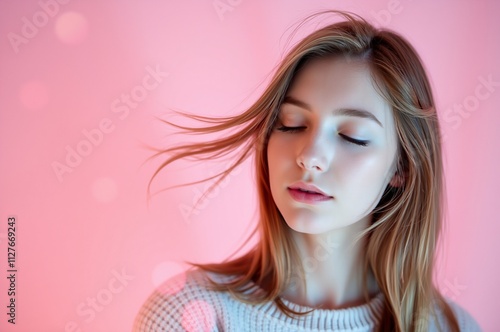 Wallpaper Mural Portrait of a Young Woman with Soft Features Against a Pink Background Torontodigital.ca