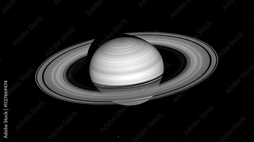 Monochrome image of Saturn, showcasing its rings and atmospheric details against a black space background. Monochrome image of Saturn, showcasing its rings and atmospheric details against a black space background.