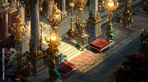 Capture a birds-eye view of a surreal street lined with opulent elements like gilded lampposts and velvet benches use innovative lighting to enhance the luxury feel show. Gilded. Illustration photo